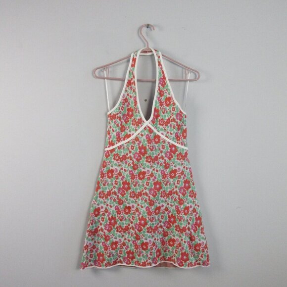 Zara Floral Halter Dress M Pink Green Knit Open Back Viscose Cotton Beach 194 - Picture 1 of 13